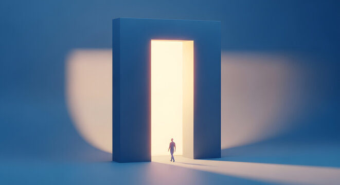 Minimal glowing doorway in blue architectural space representing transformation