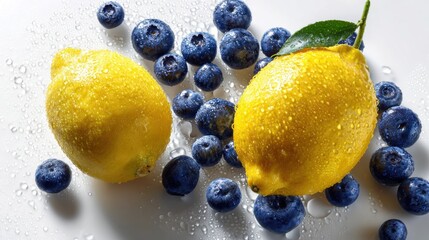 Two fresh yellow lemons and scattered blueberries on a clean white surface, showcasing vibrant colors and a minimalist composition ideal for food or health themes.