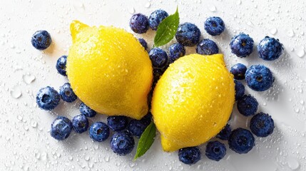 Two fresh lemons and scattered blueberries on a clean white surface, showcasing vibrant yellow and deep blue colors in bright natural lighting.