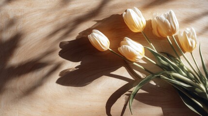 Bright yellow flowers arranged on a rustic wooden table with natural light, showcasing vibrant petals and textured wood grain in a minimalist setting.