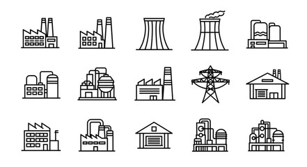 Industrial factory buildings and power plant icons in a line art style for design.