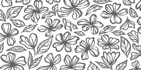 Fototapeta premium Hand drawn floral pattern background with sketchy charcoal flowers and leaves in a rustic vintage vector illustration style