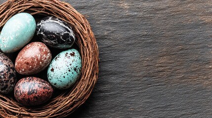 Close-up of a woven basket filled with fresh eggs resting on a wooden table in natural daylight, highlighting texture and warm, neutral tones.