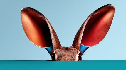 A rabbit with blue nose and ears peeks over a white table against a soft blurred background, captured in natural daylight, ideal for playful or children&acirc;&euro;&trade;s themes.