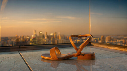 Fototapeta premium A light brown sandal rests on a reflective tiled surface overlooking a blurred cityscape at sunset The sky transitions from golden orange to blue