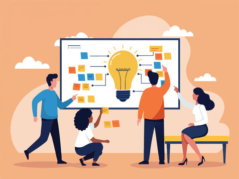 Group of people planning a project on a whiteboard with a lightbulb and sticky notes on a peach background with clouds