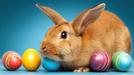 A white rabbit sits beside colorful Easter eggs on a light wooden surface with soft natural lighting, perfect for spring and holiday-themed designs.