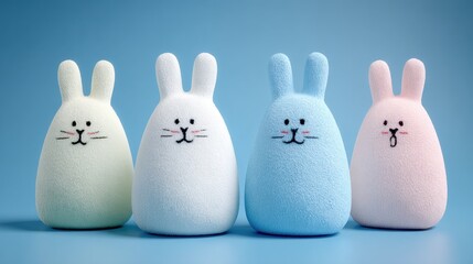 Three small stuffed bunny toys in pastel colors lined up side by side on a white background, perfect for Easter or children's decor themes.