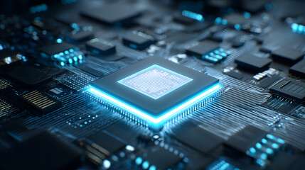 Title: Close-up of a Powerful Central Processing Unit with Glowing Blue Core on a Motherboard