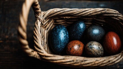 Close-up of a woven basket filled with fresh eggs, resting on a natural fiber rope, highlighting rustic textures and warm, neutral tones in soft daylight.