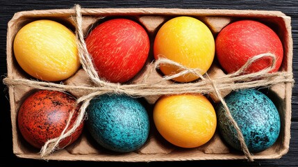 Close-up of a cardboard box filled with colorful painted eggs tied with natural string, showcasing vibrant Easter decorations on a neutral background.