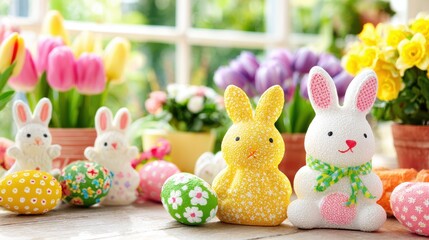 A row of colorful small stuffed animals displayed on a wooden table with a plain background, perfect for children&acirc;&euro;&trade;s products or toy store promotions.