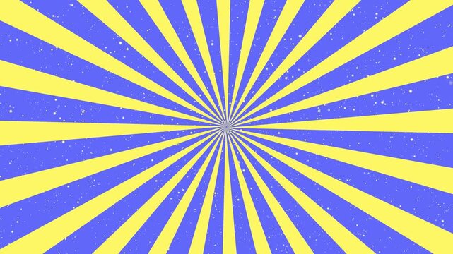 Seamless yellow and blue rotating abstract radial Sunburst with stars background loop animation. Bright retro sunny rays with floating space dust.