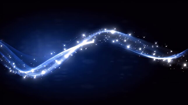 A flowing, luminous blue wave curves across a dark background, interspersed with sparkling particles of light and a subtle, blurred glow
