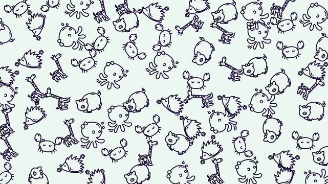 Doodle animal seamless pattern cute cartoon childish ideal for children's backgrounds, fabric prints, or playful designs.