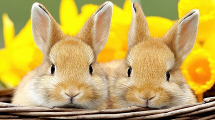 Two rabbits sit inside a wicker basket surrounded by colorful flowers in soft natural light, creating a charming springtime scene.