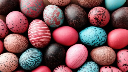 Close-up of a vibrant pile of multicolored painted eggs with intricate patterns, showcasing bright reds, blues, yellows, and greens on a neutral background.