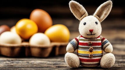 Soft stuffed rabbit sits beside pastel-colored eggs in a woven basket, set against a clean white background, ideal for Easter and spring-themed visuals.