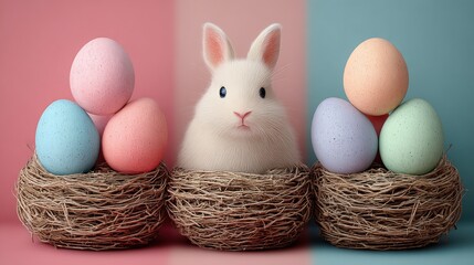 A white bunny sits beside a nest holding three eggs on a wooden surface with soft natural light, ideal for Easter or spring-themed projects.