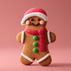 A festive gingerbread man wearing a red scarf and Santa hat on a white background, perfect for holiday-themed designs and seasonal promotions.