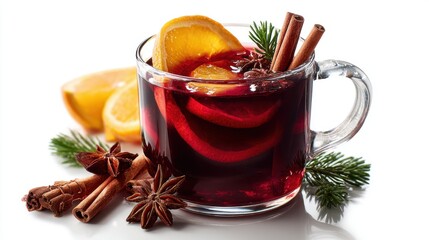 Clear glass of mulled wine garnished with orange slices and cinnamon sticks, warm beverage on wooden surface, cozy autumn or winter setting.