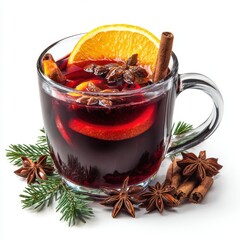Glass cup of warm mulled wine garnished with orange slices and spices on a wooden surface, showcasing a cozy autumn or winter beverage.