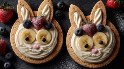 Two decorated cookies shaped like a bunny and a cat topped with fresh fruit on a white background, perfect for spring or Easter-themed designs.