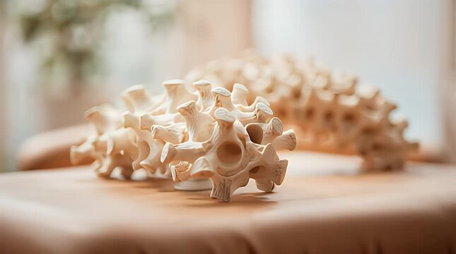 A close-up shot of a bone model showcasing intricate anatomical detail. The light-toned object rests on a warm-colored surface