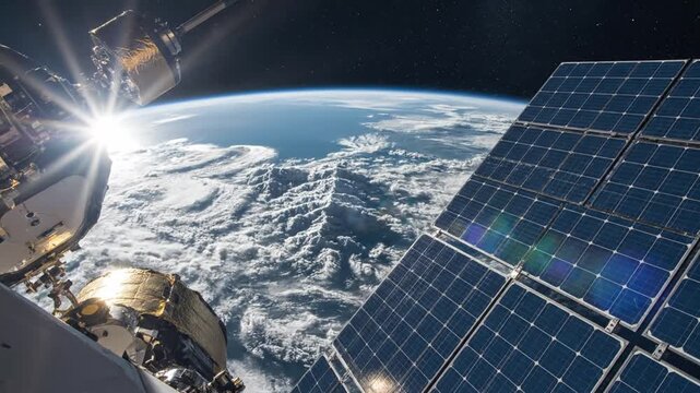 View of Earth from orbit with satellite solar array