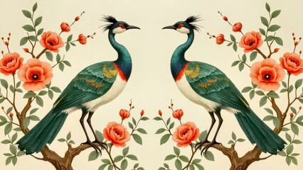 Double Peacock with Flowers and Branches