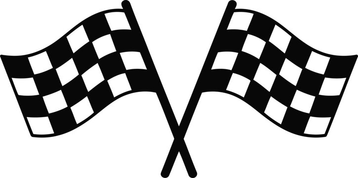 Two black and white checkered flags waving in the wind on a plain background