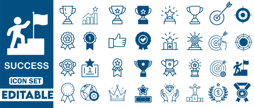 Success icon set. Featuring achievement, goals, strategy, motivation, trophy, reward, planning, growth, focus, teamwork, victory and more icons. vector illustration