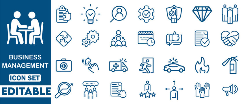 Business continuity icon set. featuring risk management, crisis response, disaster recovery, resilience, prevention, data backup, maintenance, operational planning and more icons. vector illustration
