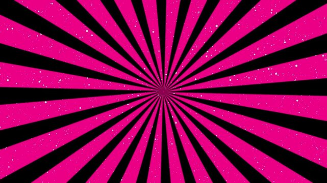 Seamless black and hot pink rotating abstract radial Sunburst with stars background loop animation.