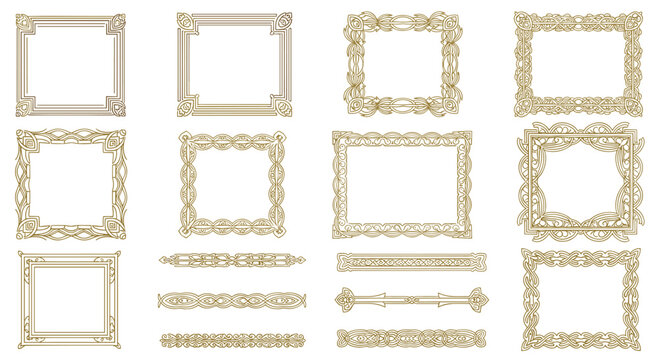 Collection of elegant vintage golden frames and decorative page dividers for classic invitation designs and luxury certificate borders.