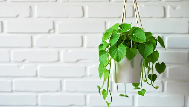 A hanging pothos plant in front of a white brick wall 