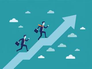 Obraz premium Two businessmen running up arrow graph with clouds in the background business success concept