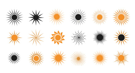 Obraz premium Collection of various sun and star symbols in different graphic styles ranging from minimal black icons to warm orange rays.
