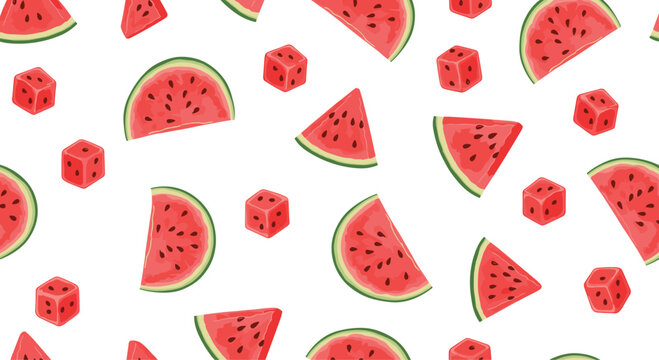 Seamless pattern background featuring slices of fresh red watermelon and small watermelon cubes on a clean white surface.