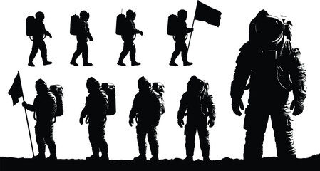 Silhouette Evolution of Astronaut from Exploration to Spacewalk and Flag Planting on Lunar Surface Concept Art Journey of Human Space Exploration © ROWSHON HABIB