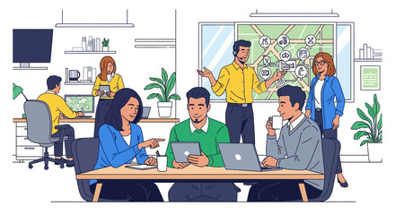 Diverse team collaborating in modern office meeting.