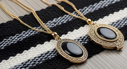 Elegant gold lockets with black stones on chain necklaces. generated-AI