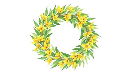 Obraz premium Circular floral wreath with yellow flowers and green leaves on a white background, viewed from directly above, Whisk_1251f49426c0fe2870347a988d63d9ebdr-enhance.jpeg