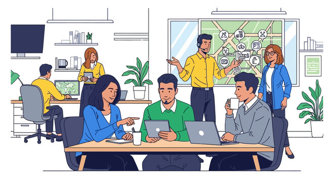 Diverse team collaborating in modern office meeting.