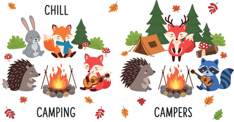 Cute Woodland Camping Scene Collection with Fox, Hedgehog, Raccoon and Campfire Cartoon Flat Vector Illustration © Yevhenii creative