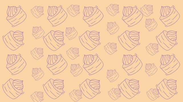 Food doodle repeating pattern of cute handdrawn cupcakes on tan suitable for kitchen decor, stationery, and packaging design projects.