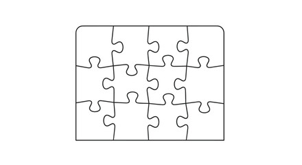 Simple outline illustration of a completed rectangular jigsaw puzzle consisting of twelve interlocking pieces for gaming and strategy.