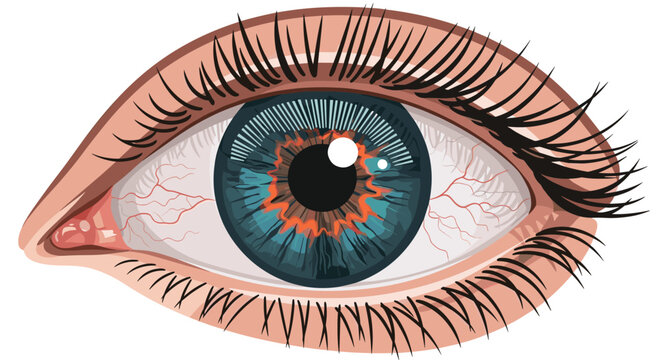Detailed close-up illustration of a human eye with a blue iris and visible veins in the sclera for medical or optometry purposes.