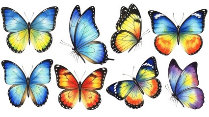 Naklejka premium A collection of colorful butterflies in various poses and vibrant colors, showcasing their beauty from different viewpoints.