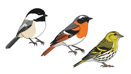 Fototapeta premium Three birds perched together, showcasing unique plumage and poses in a white background illustration from a straightforward viewpoint Whisk_eb03bbc6a0714329ab848ef6096db8aadr
